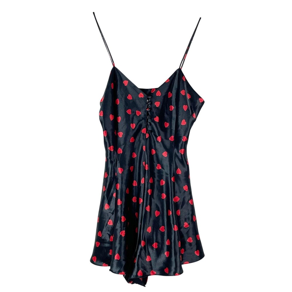 Vintage Sedu Black Satin Nightie Chemise w Red Hearts Size M Bodysuit Buttons
